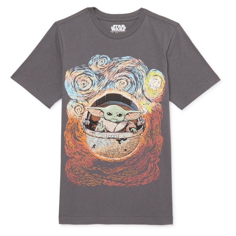 Star Wars Mandalorian Grogu Starry Night Shirt Kids Size Large 10-12 Charcoal
